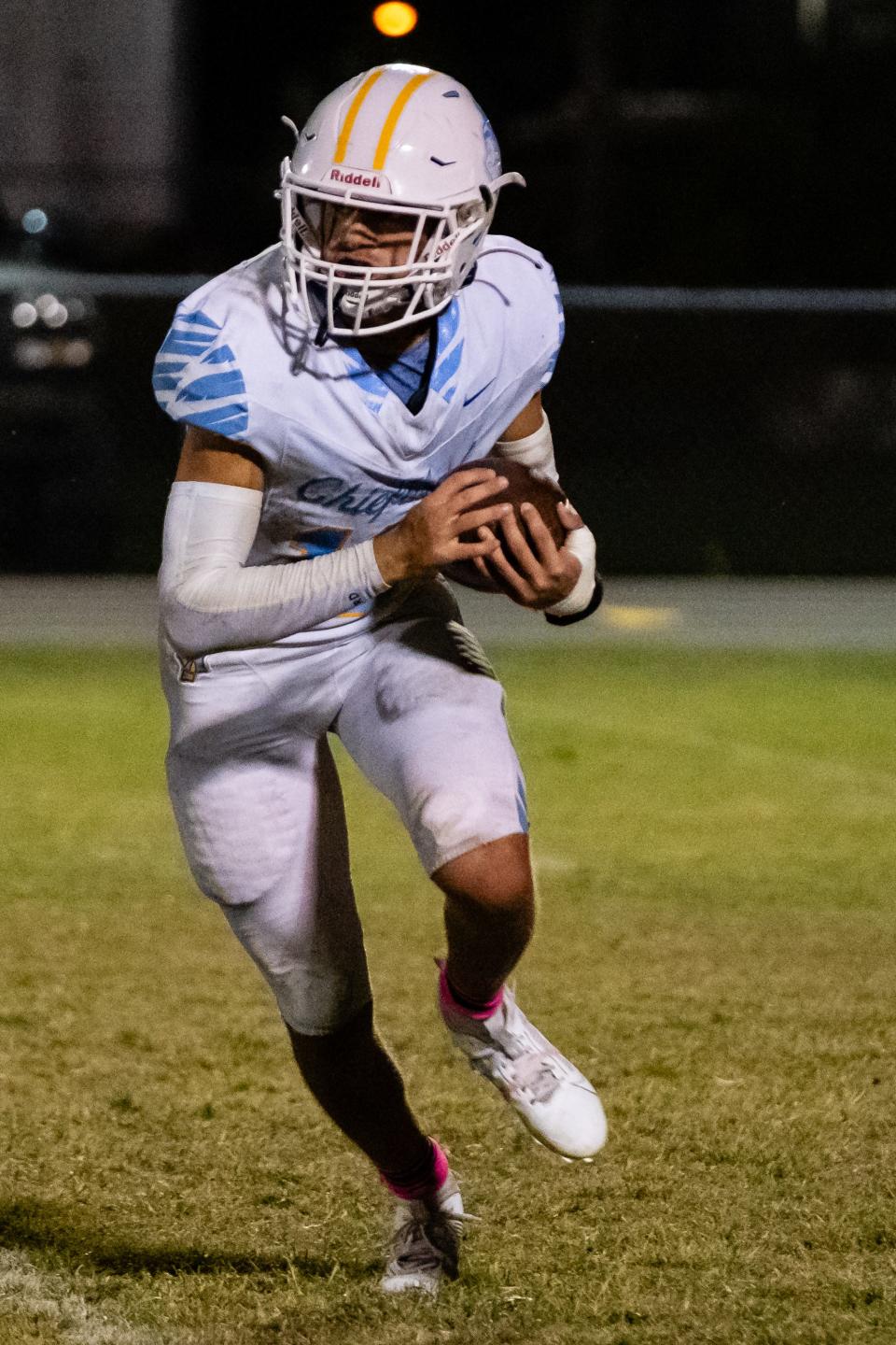 Chiefland Indians Osten Jones (10) runs with the ball during the first half against Madison County High School at Chiefland High School in Chiefland, FL on Friday, October 27, 2023. [Chris Watkins/Gainesville Sun]
