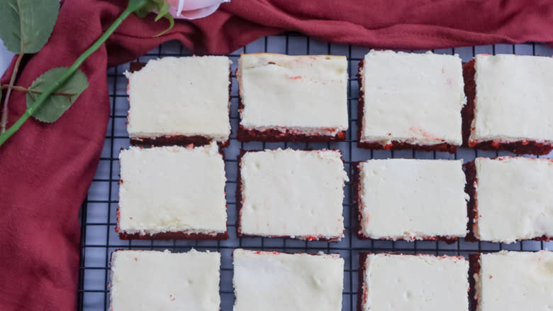 cheesecake bars on wire rack