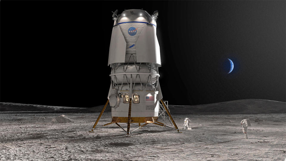 An artist's impression of Blue Origin's Artemis lander on the surface of the moon near the lunar south pole. The Blue Moon lander can carry four astronauts to and from the surface, allowing stays up to 30 days long. / Credit: Blue Origin