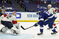 Tampa Bay Lightning left wing Alex Killorn (17) scores past Florida Panthers goaltender Sergei Bobrovsky (72) during the second period in Game 4 of an NHL hockey Stanley Cup first-round playoff series Saturday, May 22, 2021, in Tampa, Fla. (AP Photo/Chris O'Meara)