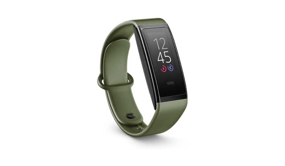Fitness tracker with sage green band showing the time of 12:45. 