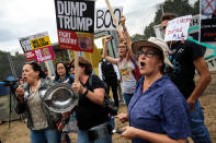 <p>Protesters chant and bang pots and pans during a demonstration outside Winfield House, the London residence of U.S. ambassador Woody Johnson, where President Trump and first lady Melania Trump are staying July 12, 2018, in London. (Photo: Jack Taylor/Getty Images) </p>