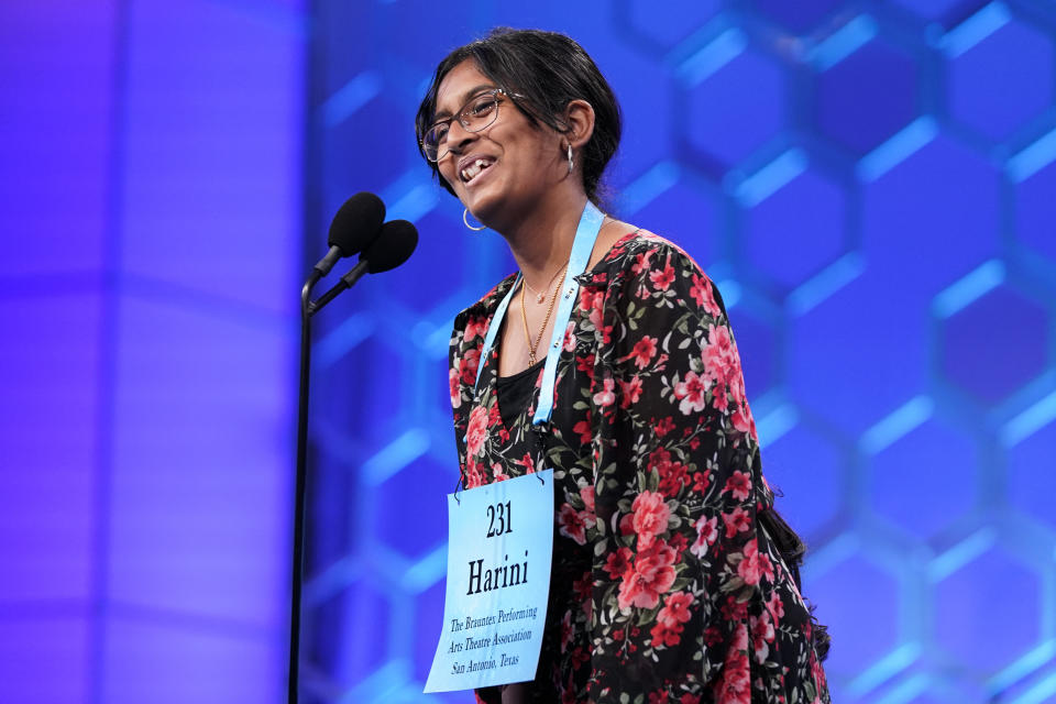 Harini Logan, 14, from San Antonio, Texas, reacts as she competes during the Scripps National Spelling Bee, Wednesday, June 1, 2022, in Oxon Hill, Md. (AP Photo/Alex Brandon)