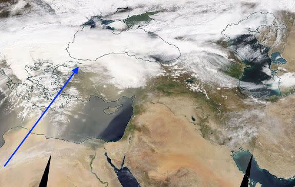 Dust plume emerges from Africa on March 22, 2018.