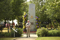 Britain's Prince Charles speaks during the national service of remembrance marking the 75th anniversary of V-J Day at the National Memorial Arboretum in Alrewas, England, Saturday Aug. 15, 2020. Following the surrender of the Nazis on May 8, 1945, V-E Day, Allied troops carried on fighting the Japanese until an armistice was declared on Aug. 15, 1945. (Oli Scarff/PA via AP)