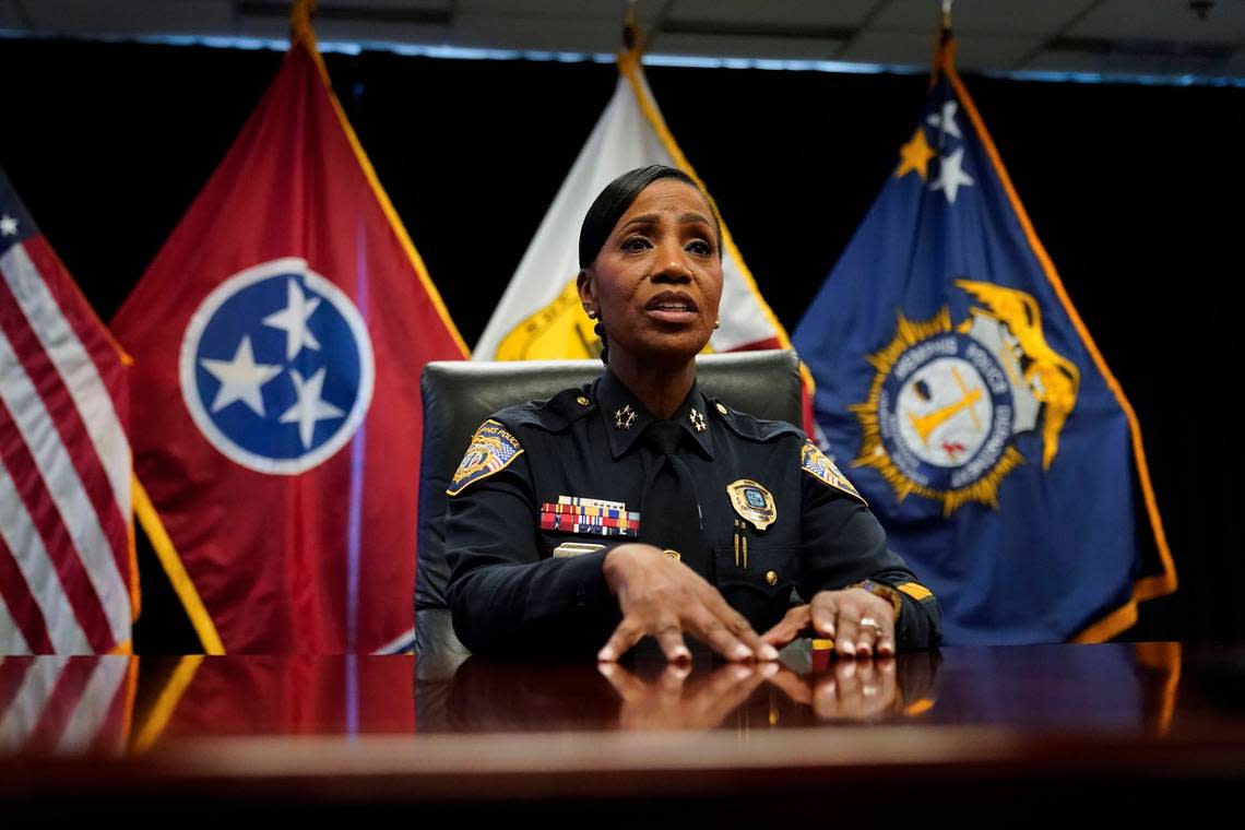 Memphis Police Director Cerelyn Davis speaks during an interview with The Associated Press in Memphis, Tenn., Friday, Jan. 27, 2023, in advance of the release of police body cam video showing Tyre Nichols being beaten by Memphis police officers. Nichols later died as a result of the incident.