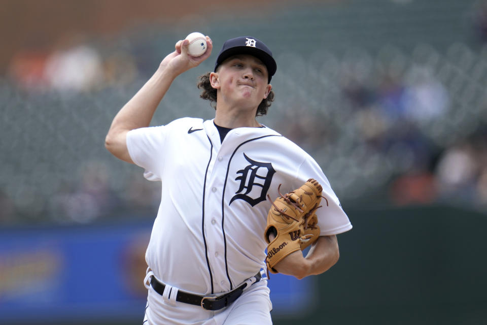 Detroit Tigers pitcher Reese Olson throws against the Atlanta Braves in the first inning during the first baseball game of a doubleheader, Wednesday, June 14, 2023, in Detroit. (AP Photo/Paul Sancya)