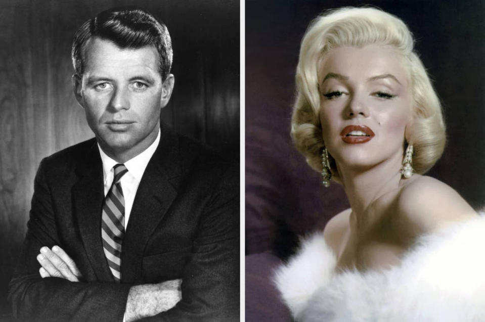 Bobby Kennedy poses in a photo circa 1963, Marilyn Monroe poses in a white fur collar outfit