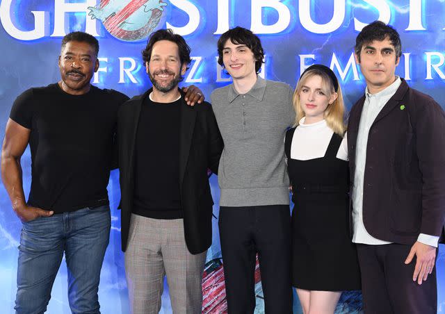 <p>Karwai Tang/WireImage</p> (Left-right:) Ernie Hudson, Paul Rudd, Finn Wolfhard, Mckenna Grace and Gil Kenan at the photocall for "Ghostbusters: Frozen Empire" in London on March 21