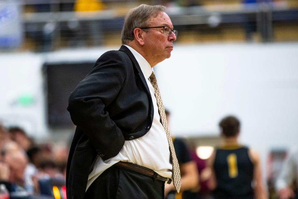 Penn head coach Al Rhodes watches during the Penn vs. Chesterton regional championship game Saturday, March 11, 2023 at Michigan City High School.