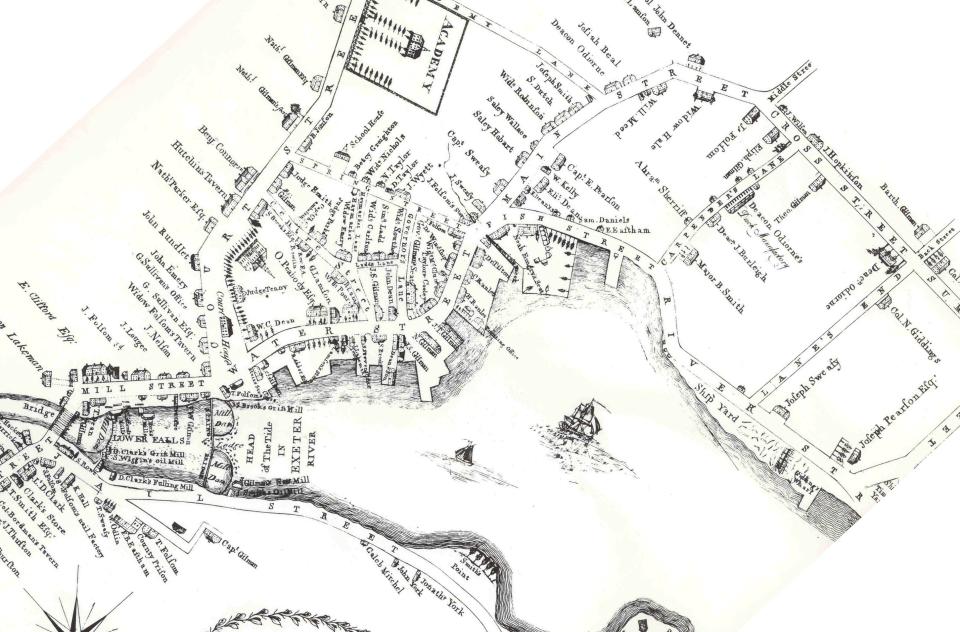 Exeter in 1802 shows the downtown area with street names quite different from the ones we have today.