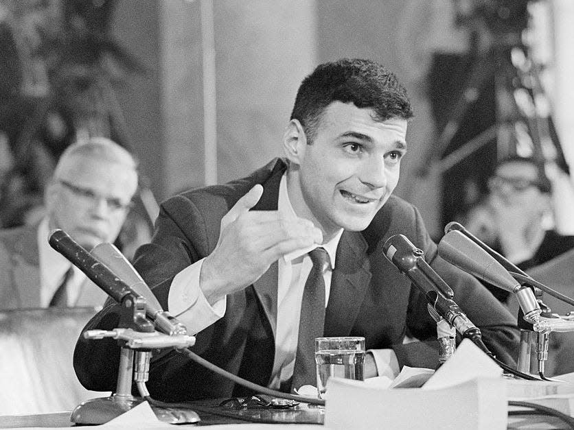 Ralph Nader appears here before the Senate Commerce subcommittee, investigating charges by Nader that he was harassed and intimidated by General Motors because of Unsafe at Any Speed.