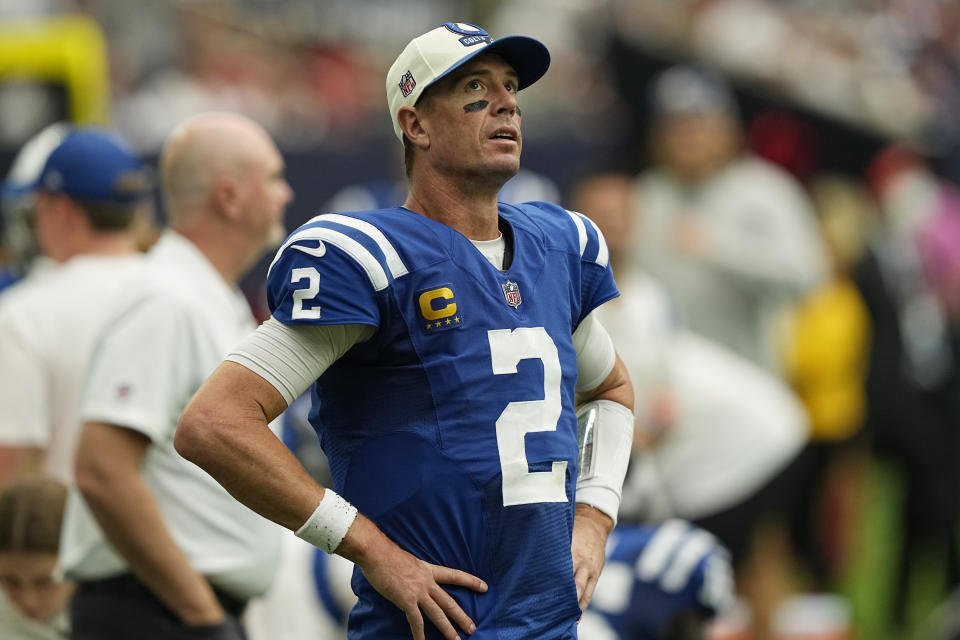 Indianapolis Colts quarterback Matt Ryan (2) looks at he scoreboard during the second half of an NFL football game Sunday, Sept. 11, 2022, in Houston. (AP Photo/David J. Phillip)