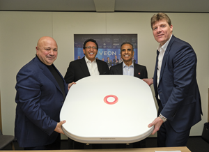 From left to right with the OneWeb Satellite Terminal: VEON Group CEO Kaan Terzioglu, VEON Co-Founder and Chairman Emeritus Augie Fabela, Chairman of Bharti Enterprises and Executive Chairman of OneWeb Sunil Bharti Mittal and OneWeb CEO Neil Masterson.