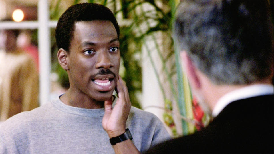 LOS ANGELES - DECEMBER 5: The movie "Beverly Hills Cop", directed by Martin Brest. Seen here from left, Eddie Murphy as Det. Axel Foley (posing as Ramon) and Jack Heller as Harrow Club Maitre D'. Initial theatrical release December 5, 1984.  Screen capture. Paramount Pictures. (Photo by CBS via Getty Images)