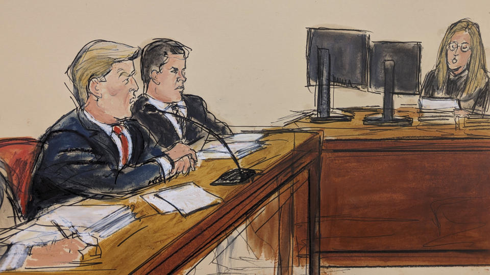 This artist sketch depicts former President Donald Trump, far left, pleading not guilty as the Clerk of the Court reads the charges and asks him "How do you plea?" Tuesday, April 4, 2023, in a Manhattan courtroom in New York, as his attorney Joseph Tacopina, center, watches. (Elizabeth Williams via AP)