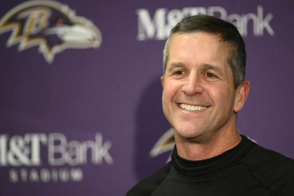 Baltimore Ravens head coach John Harbaugh speaks during a news conference after an NFL football AFC divisional playoff game between the Baltimore Ravens and the Houston Texans, Saturday, Jan. 20, 2024, in Baltimore. The Baltimore Ravens won 34-10. (AP Photo/Nick Wass)