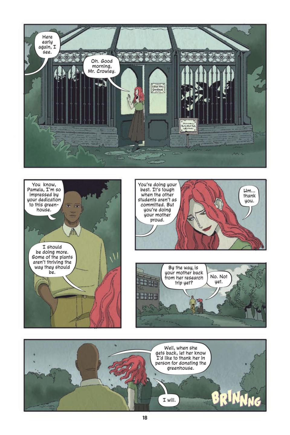 A page from Poison Ivy Thorns shows Ivy in the school garden talking with a male teacher