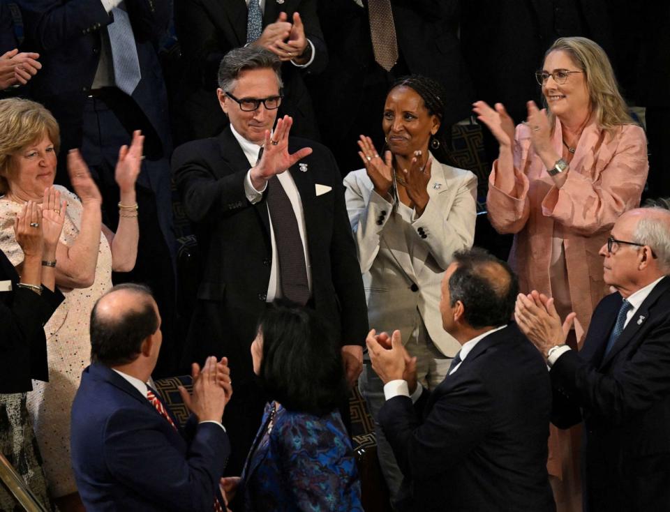 PHOTO: Clifton Daniel, grandson of President Harry Truman, waves as he attends Israeli President Isaac Herzog's address a Joint Meeting of Congress in the House Chamber of the U.S. Capitol in Washington on July 19, 2023. (Andrew Caballero-reynolds/AFP via Getty Images)