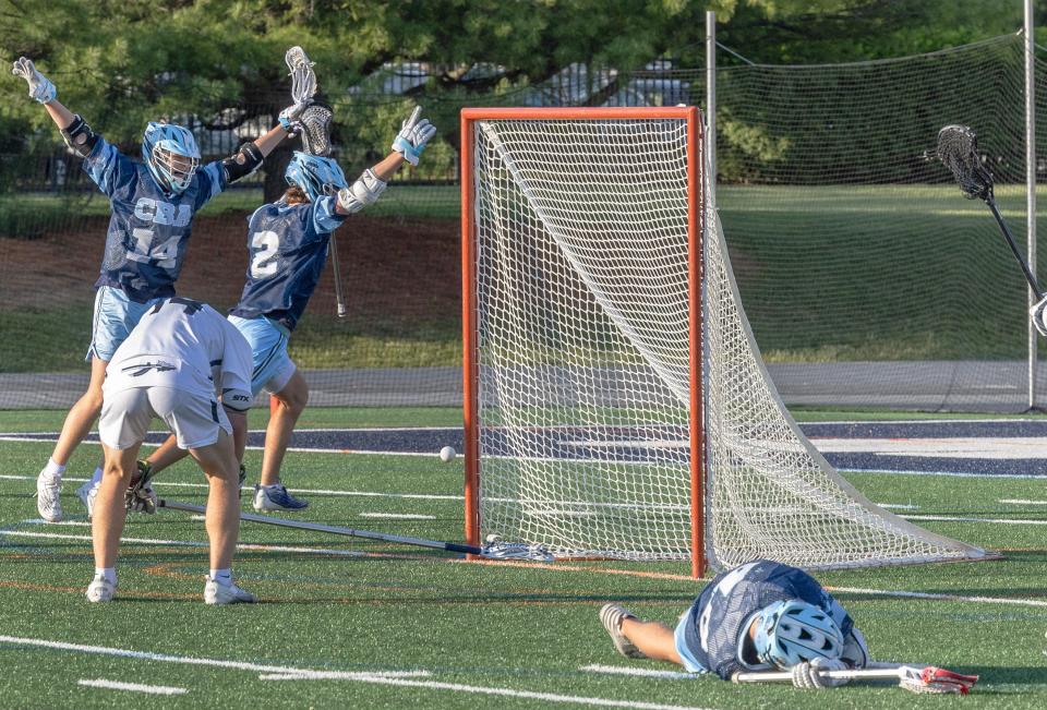 CBA’s Davis Campbell celebrates the goal ahead goal with just seconds left to win the game for CBA. Christian Brothers Academy defeats Manasquan in final minutes of Shore Conference Tournament Finals in West Long Branch, NJ on May 20, 2024.