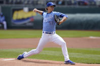 Kansas City Royals starting pitcher Brady Singer delivers to a Toronto Blue Jays batter during the first inning of a baseball game at Kauffman Stadium in Kansas City, Mo., Sunday, April 18, 2021. (AP Photo/Orlin Wagner)