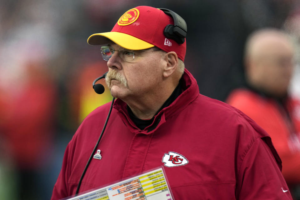 Kansas City Chiefs head coach Andy Reid watches from the sidelines during the first half of an NFL football game against the New England Patriots, Sunday, Dec. 17, 2023, in Foxborough, Mass. (AP Photo/Charles Krupa)