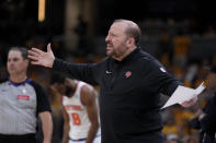 New York Knicks head coach Tom Thibodeau reacts to a call during the first half of Game 6 against the Indiana Pacers in an NBA basketball second-round playoff series, Friday, May 17, 2024, in Indianapolis. (AP Photo/Michael Conroy)