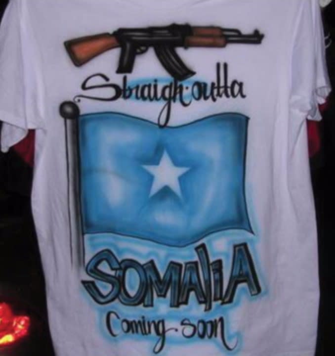 A t-shirt that reads "Straight outta Somalia"