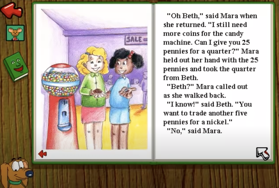 Illustration from a children's book showing two girls at a candy machine, one holding out a quarter to another