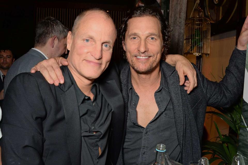 <p>Dave Benett/Getty </p> Woody Harrelson and Matthew McConaughey, who says his mom started the rumor that he and Harrelson may be half-brothers.