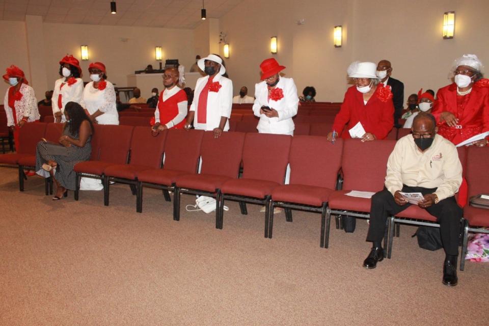 The seniors of First Missionary Baptist Church stand to be recognized during the Senior Saints Day service at the church on Sunday.
(Photo: Photo by Voleer Thomas/For The Guardian)