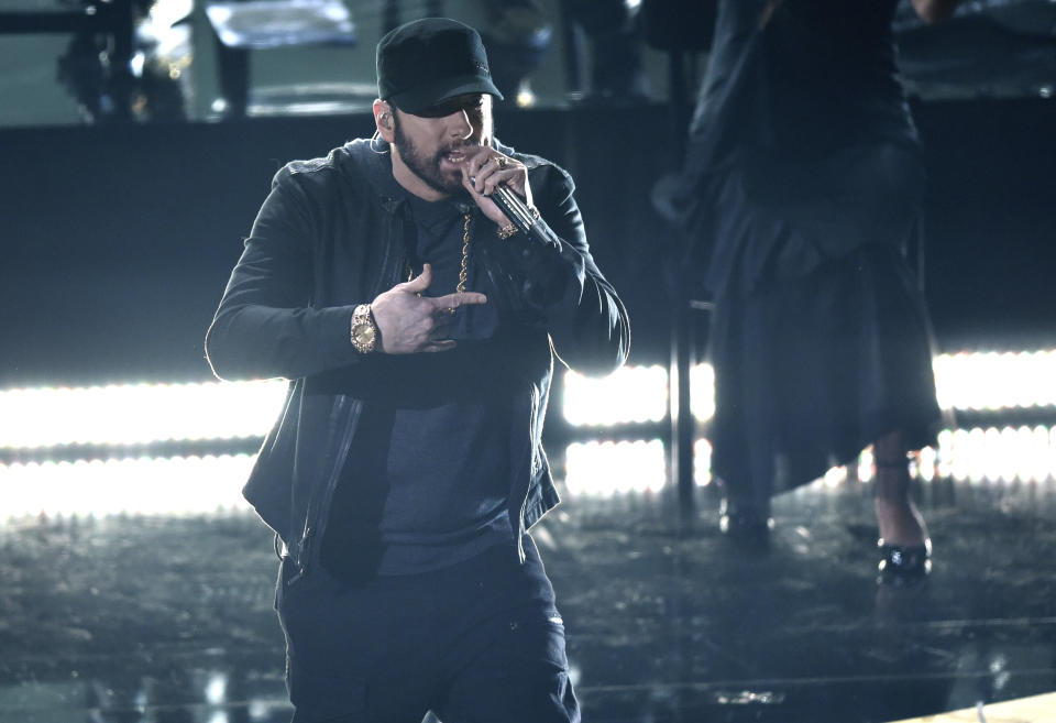 Eminem performs "Lose Yourself" at the Oscars on Sunday, Feb. 9, 2020, at the Dolby Theatre in Los Angeles. (AP Photo/Chris Pizzello)