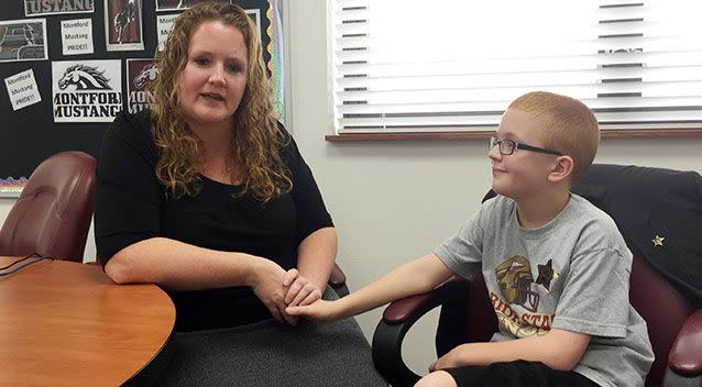 Bo Paske with his mother Leah at Montford Middle School. Source: AP Photo/Joseph Reedy