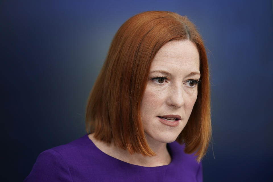 FILE - White House press secretary Jen Psaki speaks during a press briefing at the White House, Feb. 23, 2022, in Washington. Psaki, whose last day on the job is Friday, has answered reporters' questions nearly every weekday of the almost 500 days that Biden has been in office. That makes her a top White House communicator and perhaps the administration's most public face, behind only the president and Vice President Kamala Harris. Her departure could complicate how Biden's message gets out at a critical time for him, at least in the short term. (AP Photo/Patrick Semansky, File)