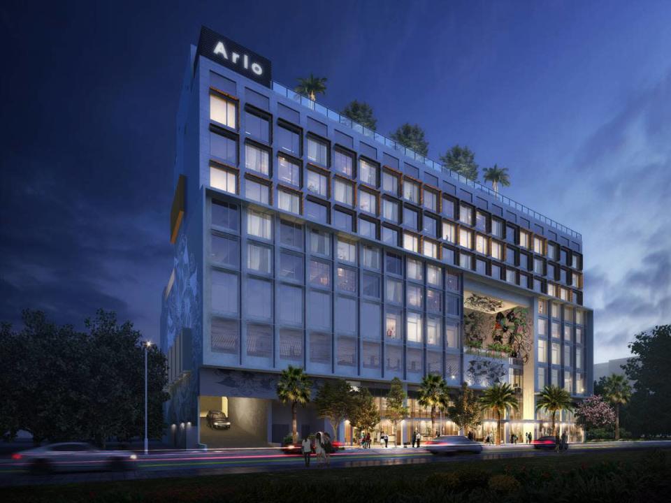 A rendering of the front of the Arlo Wynwood, the Miami arts district’s first hotel.