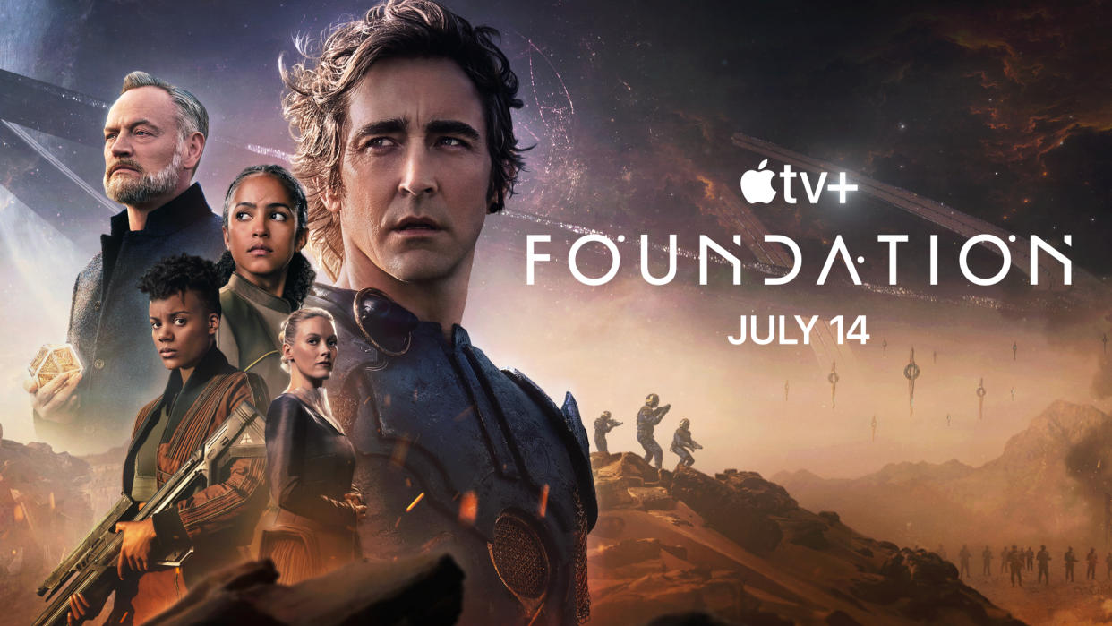  Still from the sci-fi TV show Foundation which is based on the award-winning science fiction book series by Isaac Asimov. Here we see a promotional poster that shows the main cast as well as the release date (July 14). 