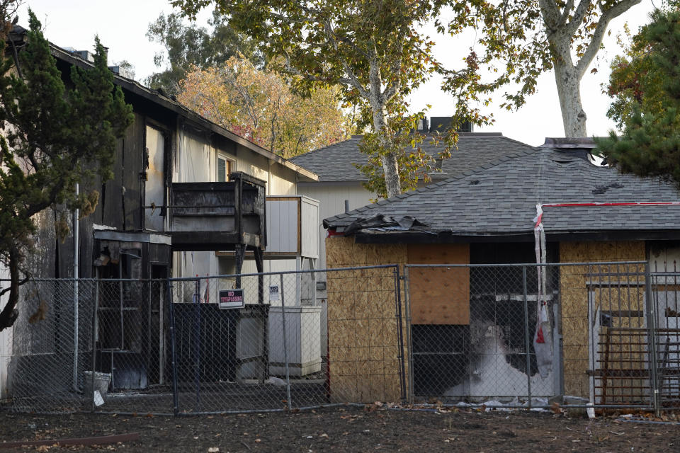 Two buildings which were destroyed in a March fire remain at the Delta Pines apartment complex, Friday, Nov. 4, 2022, in Antioch, Calif. Despite a landmark renter protection law approved by California legislators in 2019, tenants across the country’s most populous state are taking to ballot boxes and city councils to demand even more safeguards. They want to crack down on tenant harassment, shoddy living conditions and unresponsive landlords that are usually faceless corporations. (AP Photo/Godofredo A. Vásquez)