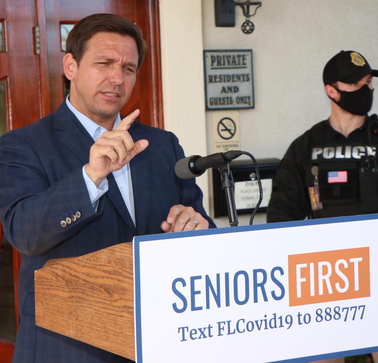 Gov. Ron DeSantis speaks at the Crane Lakes Golf and Country Club in Port Orange in 2021. He was promoting access to the coronavirus vaccine for seniors.