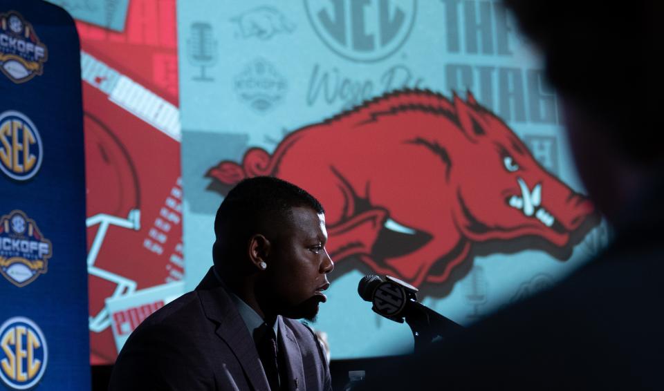 Arkansas quarterback KJ Jefferson fields questions at SEC media days in Nashville on Wednesday. Jefferson said the atmosphere at Razorback Stadium for Arkansas' win over Texas in 2021 "was crazy. I've never been a part of another game like that in my life."