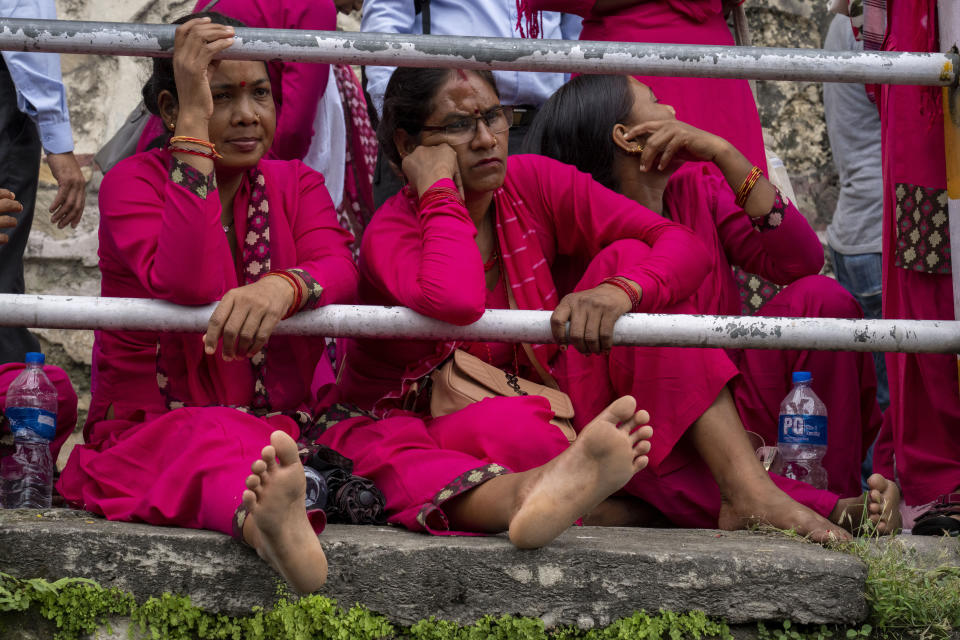 Teachers gather for a protest against an education bill in Kathmandu, Nepal, Friday, Sept. 22, 2023. Schools for millions of students in Nepal were closed Friday as tens of thousands of teachers protested in the capital against an education reform bill in parliament. The teachers oppose provisions that would shift government-run schools to local control, saying it would lower their status, and that would scrap many temporary teacher positions. (AP Photo/Niranjan Shrestha)