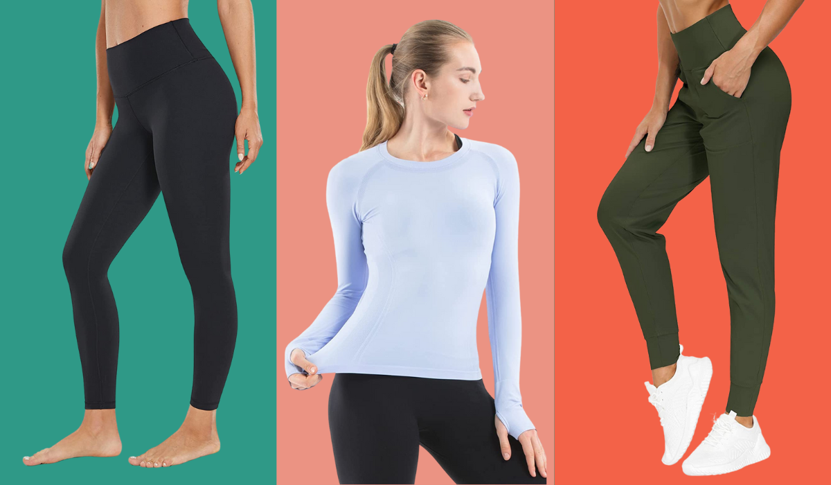 Three images of women modeling leggings, a long-sleeve top and joggers.