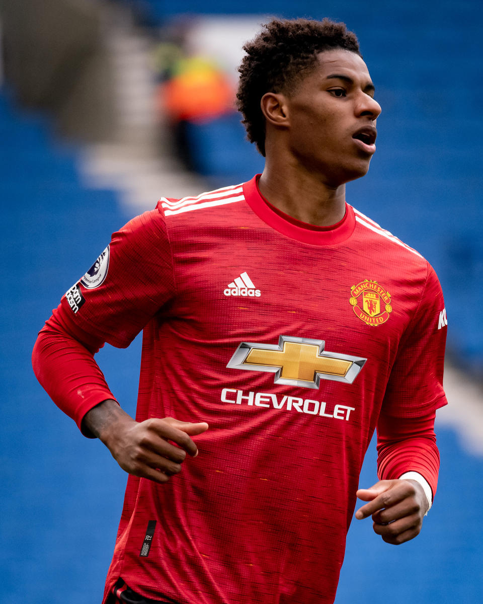 BRIGHTON, ENGLAND - SEPTEMBER 26: Marcus Rashford of Manchester United in action during the Premier League match between Brighton & Hove Albion and Manchester United at American Express Community Stadium on September 26, 2020 in Brighton, England. Sporting stadiums around the UK remain under strict restrictions due to the Coronavirus Pandemic as Government social distancing laws prohibit fans inside venues resulting in games being played behind closed doors. (Photo by Ash Donelon/Manchester United via Getty Images)