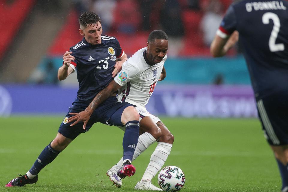 Billy Gilmour fights for the ball with Raheem Sterling (Getty)