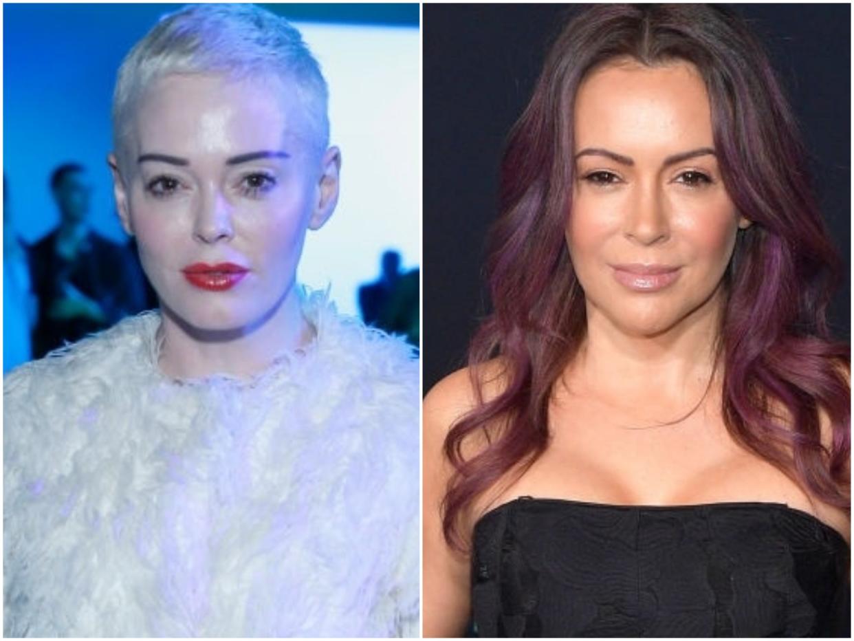 Rose McGowan and Alyssa Milano at events in 2019: John Lamparski/Matt Winkelmeyer/Getty Images