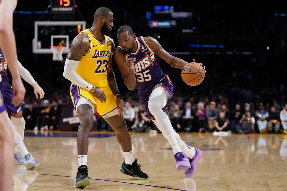 Kevin Durant and the Phoenix Suns host LeBron James and the Los Angeles Lakers in an NBA In-Season Tournament game on Friday.