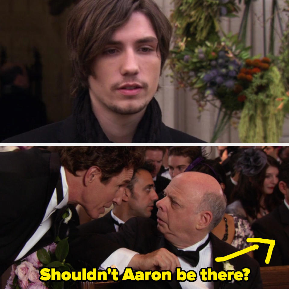 Aaron then a picture of Cyrus and Harold at Blair's wedding with the space next to Cyrus labeled "shouldn't Aaron be there?"