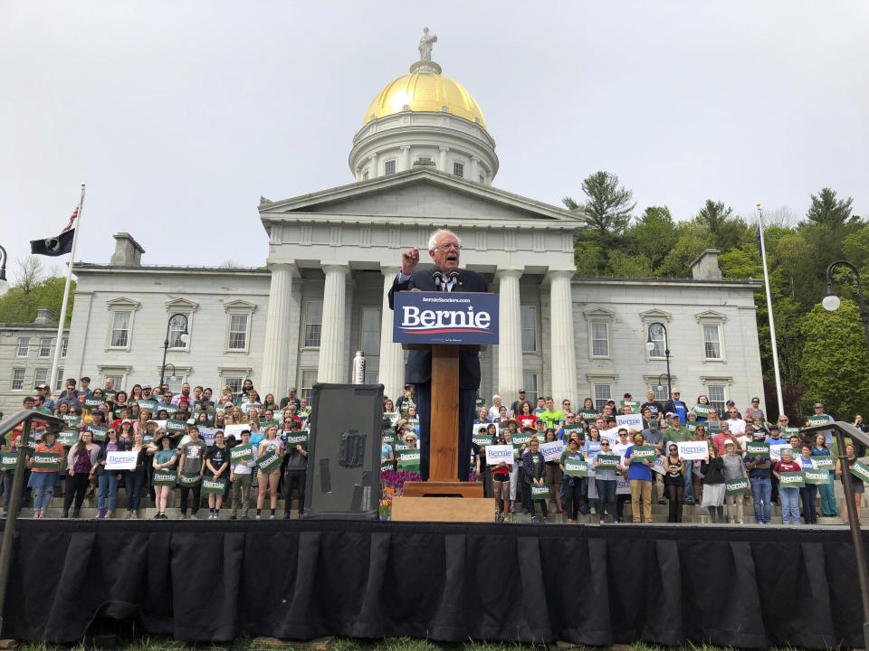 Presidential hopeful Sen. Bernie Sanders held his first home state rally of his 2020 campaign on Saturday, May 25, 2019, in front of the Statehouse in Montpelier, VT. (AP Photo/Lisa Rathke)