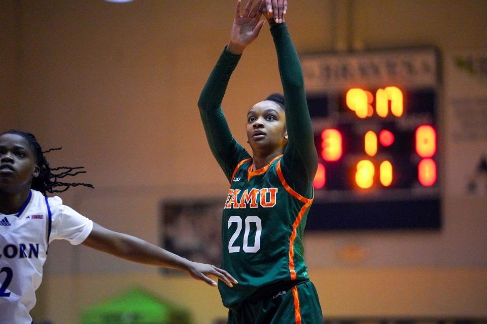 Florida A&M University women's basketball forward Paulla Weekes attempts a free throw against Alcorn State  at Davey L Whitney Complex, Lorman, Mississippi, Saturday, Jan. 21, 2023