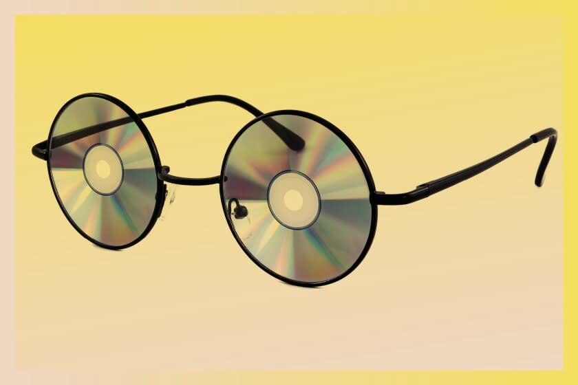 An illustration of sunglasses with music records for lenses