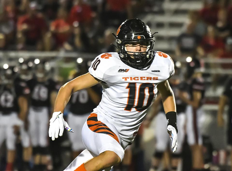 Lawrenceburg defender Noah Knigga in action against East Central during the Skyline Chili Crosstown Showdown at East Central High School on Friday, Aug. 19, 2022.